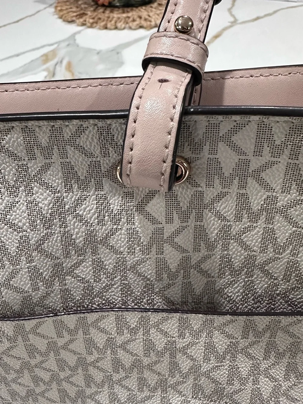 Michael Kors Light Beige Signature MK Pocket Tote with Pink Trim